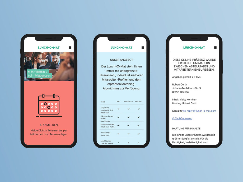 Three mobile screens of the "Lunch-O-Mat" app showing the homepage with a "Sign Up" step, a pricing comparison table, and the legal notice page with contact information.