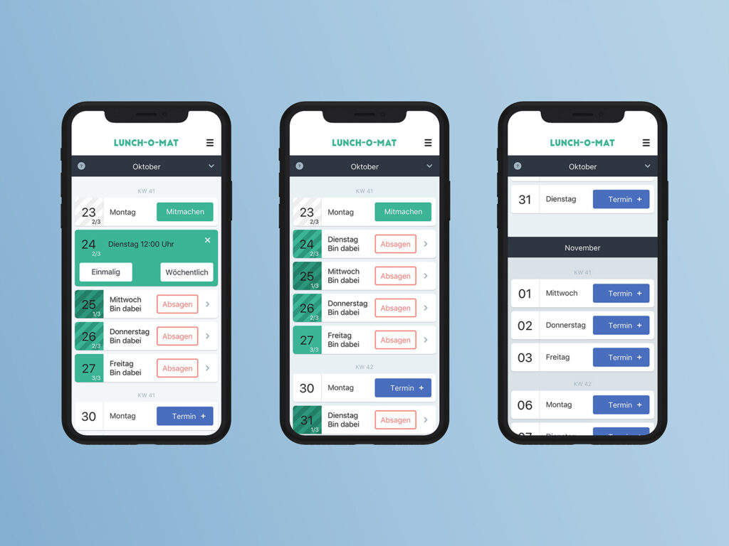 Three mobile screens of the "Lunch-O-Mat" app displaying a scheduling list for lunch dates, featuring options to join, cancel, or add appointments, and toggle between one-time or weekly participation.