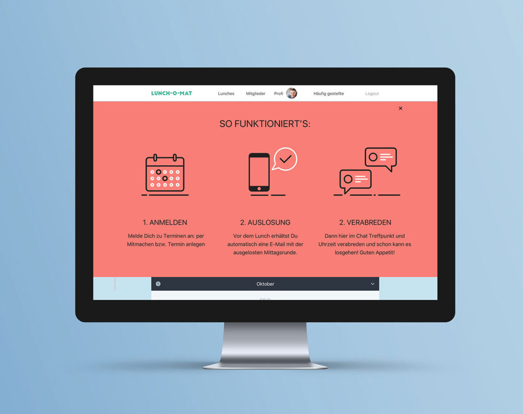 A desktop monitor displaying the "Lunch-O-Mat" website section "So funktioniert's" with three steps (register, draw, meet) illustrated by icons.
