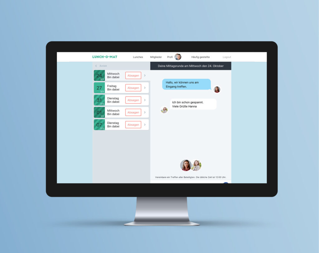 A desktop screen showing the "Lunch-O-Mat" chat interface displaying a conversation between lunch participants arranging their meeting point.
