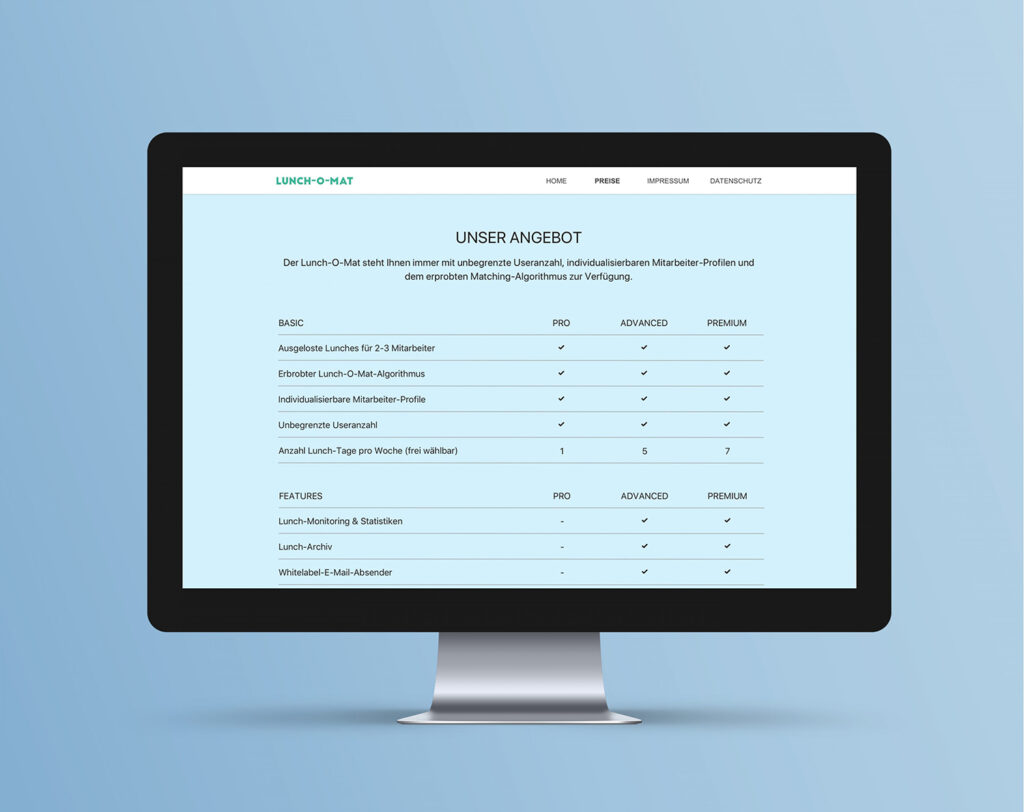 A desktop monitor displaying the "Lunch-O-Mat" pricing page with a comparison table showing features for Basic, Pro, Advanced, and Premium plans.