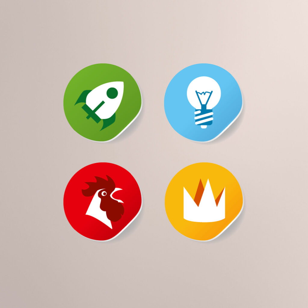 Set of four circular icons for "Solution Seeker" featuring white symbols on colored backgrounds: a green rocket, blue lightbulb, red rooster, and yellow crown.