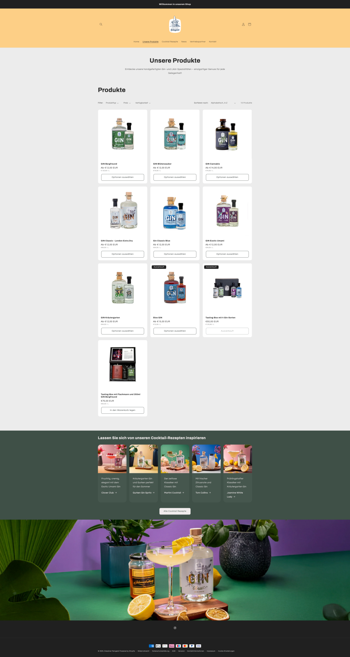Product page of Dresdner Feingeist Edelbrennerei, a brief overview of all gin varieties