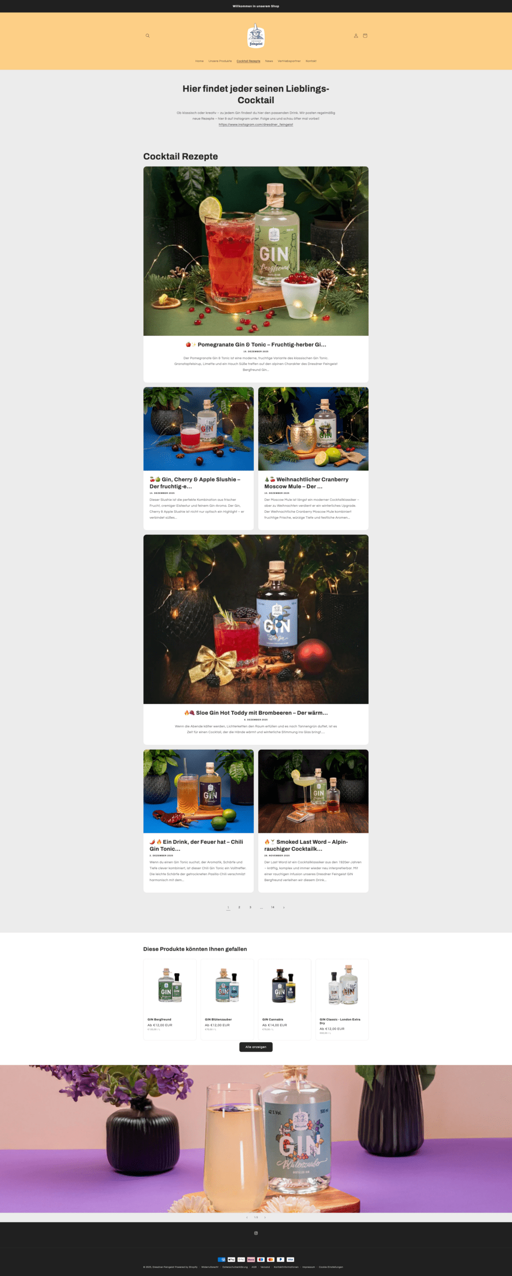 Website of Dresdner Feingeist - section "Recipes". Several cocktail recipes are listed here.