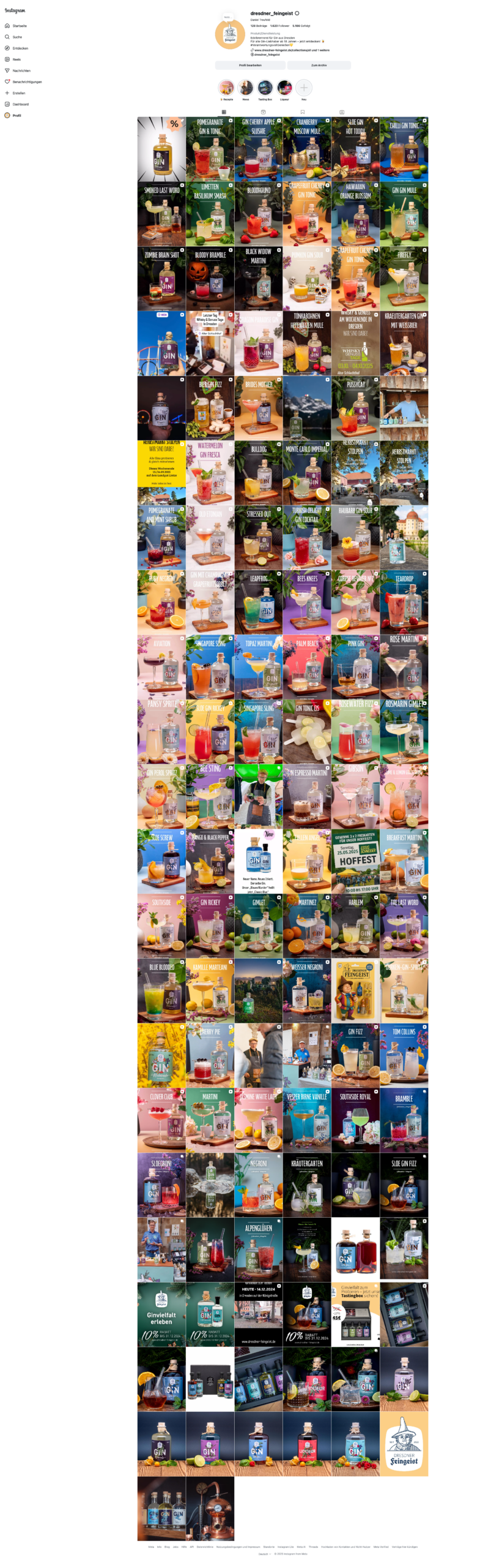 Instagram Dresdner Feingeist - here, several cocktail recipes and promotions are posted, advertising the variety of Dresdner Feingeist gins.