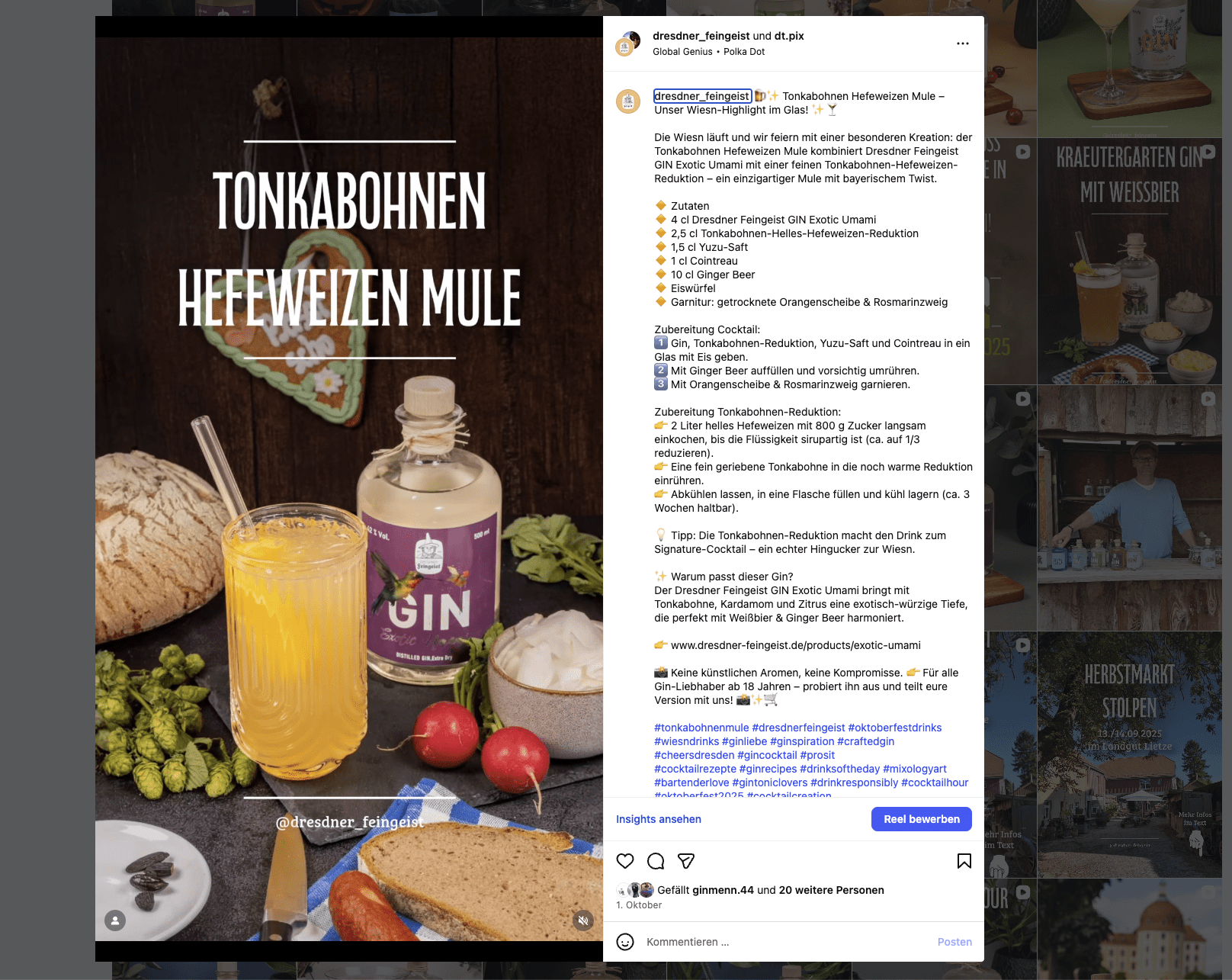 Instagram cocktail recipe for "Tonka Bean Hefeweizen Mule" that shows how versatile Dresden's refined gins can be.